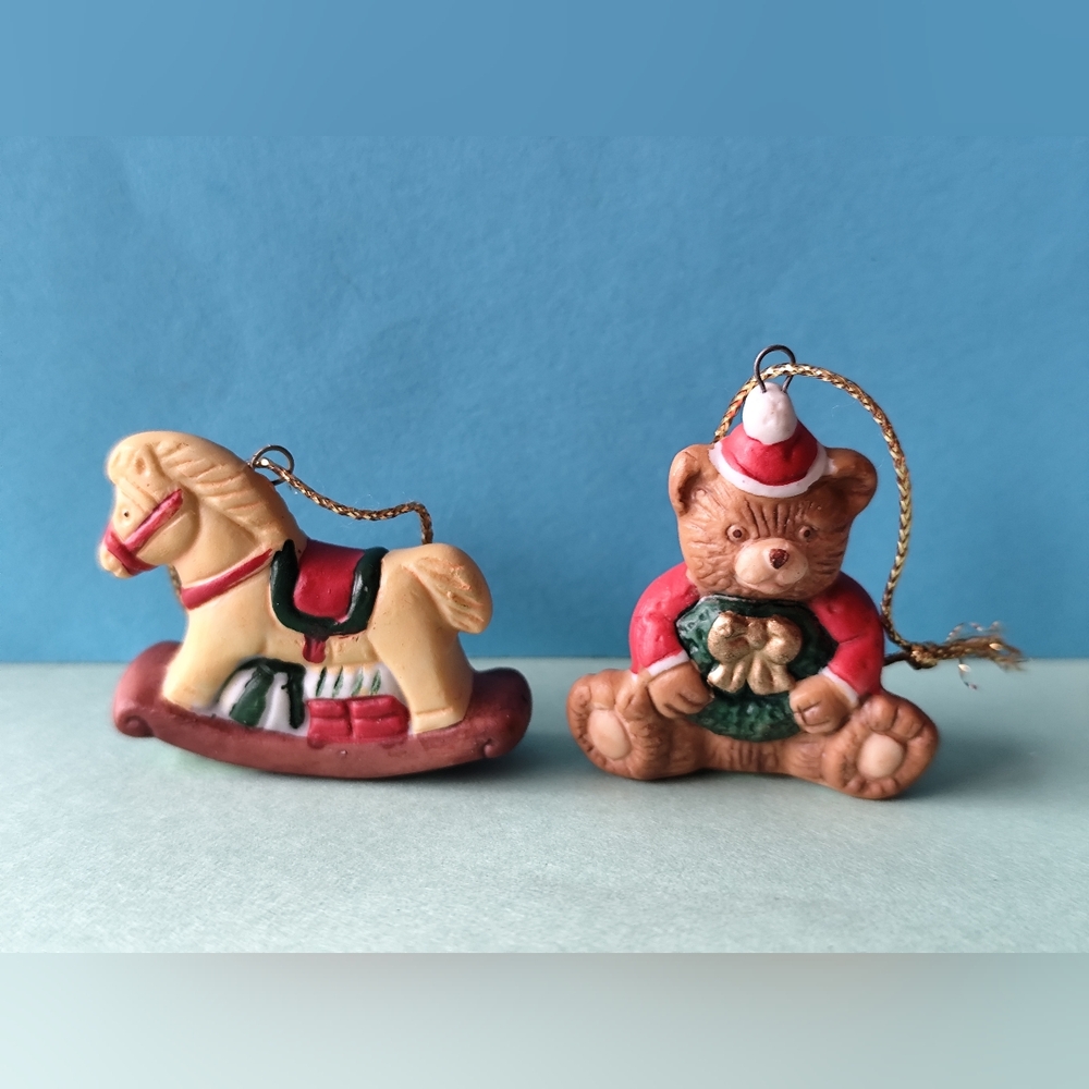 3/$25💙Russ Berrie Rocking Horse and Festive Bear Ornaments Lot of 2